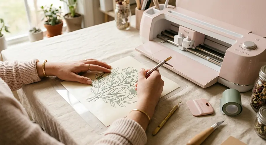 Hands weeding a vinyl design at a bright studio desk